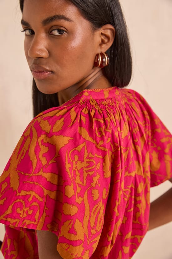 MIA short-sleeve cotton printed blouse;${refinementColor}