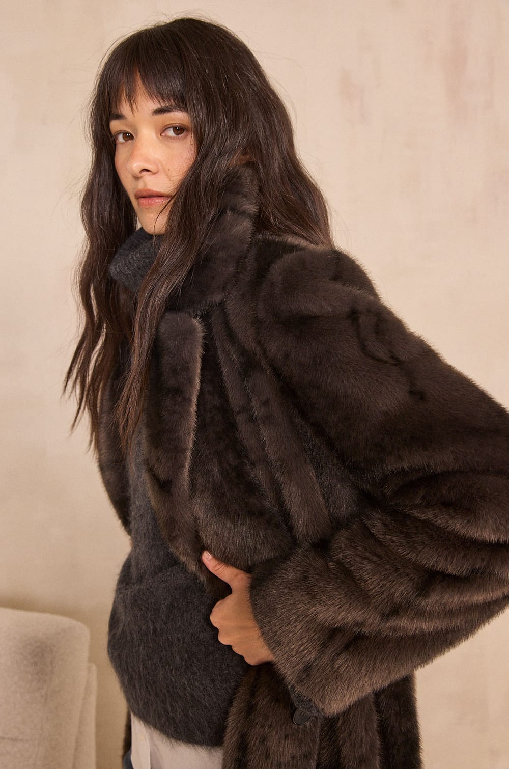 Charcoal coat with fur effect CLARISSE;${refinementColor}
