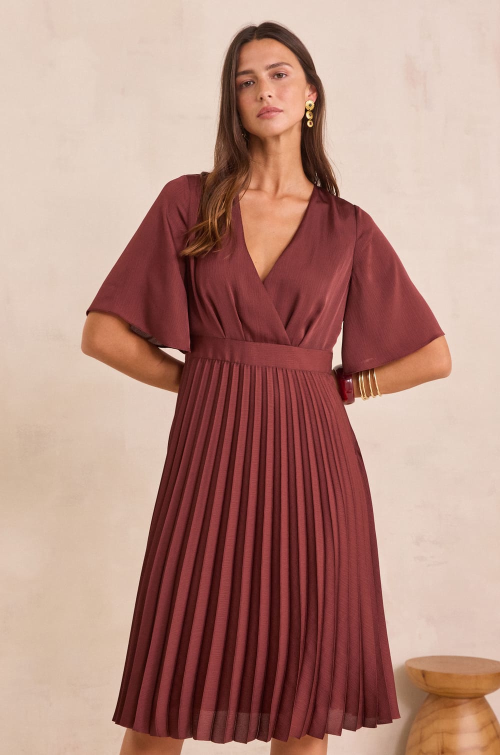 BERTILLE pleated wrap midi dress;${refinementColor}