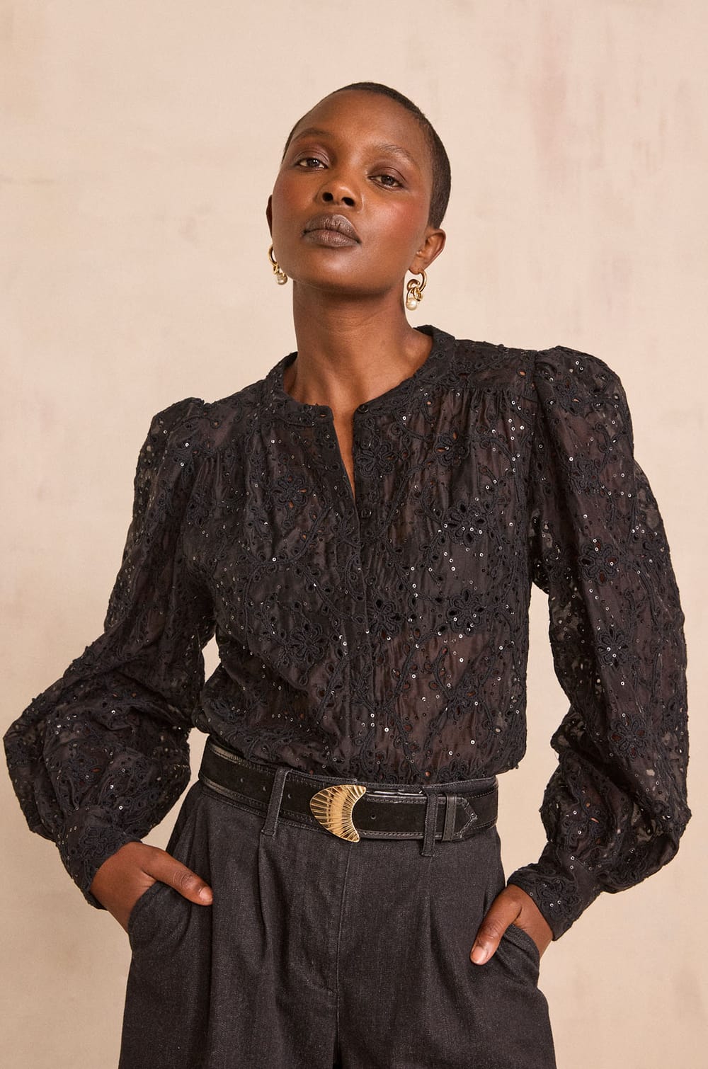 Embroidered sequined blouse CAMOMILE;${refinementColor}