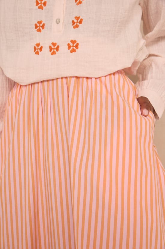 Cotton striped flowy midi skirt BRUNE;${refinementColor}