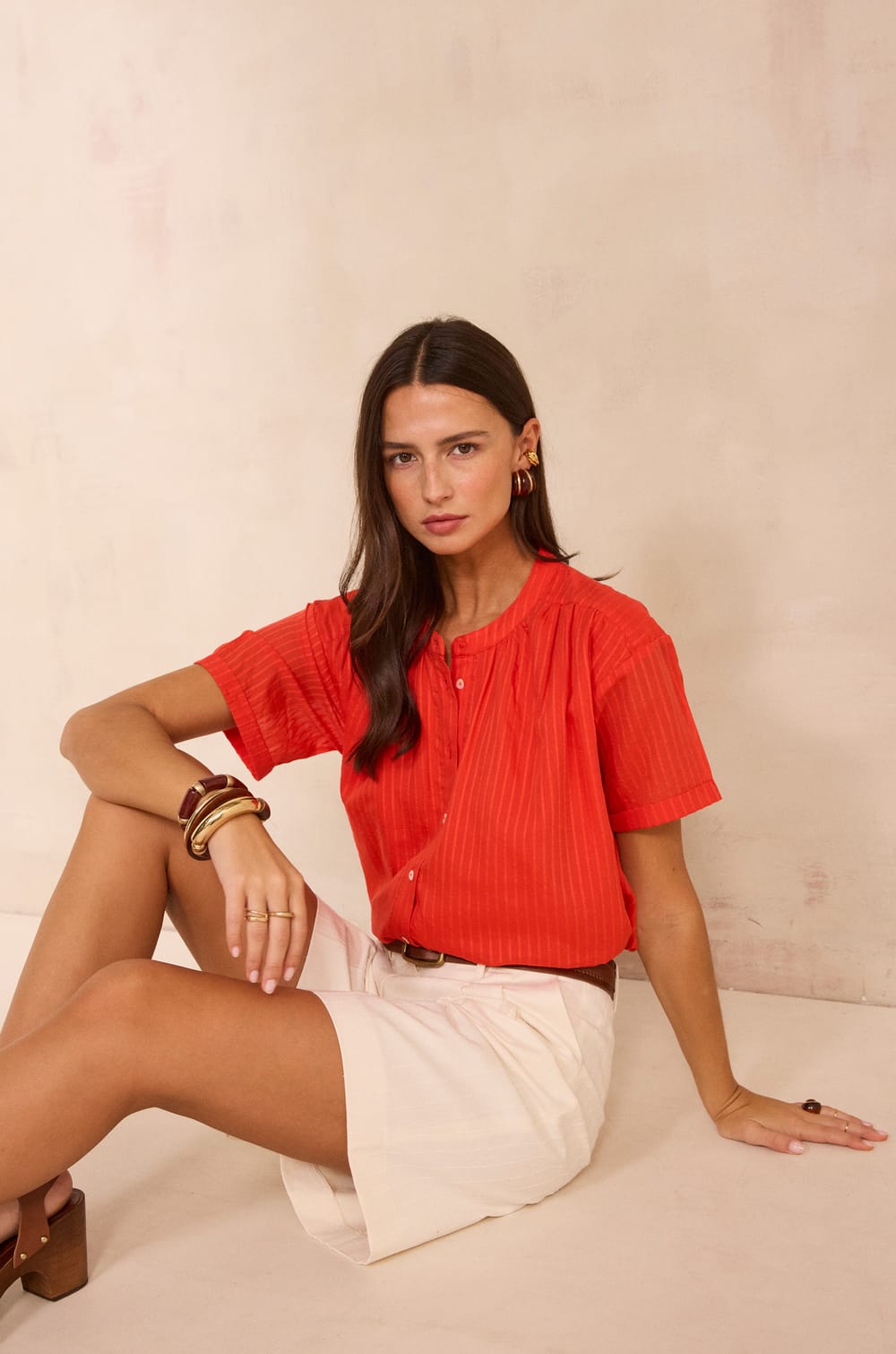 Blouse &agrave; manches courtes en coton m&eacute;lang&eacute; DEVIKA;${refinementColor}
