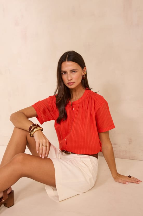 Short-sleeved cotton blend blouse DEVIKA;${refinementColor}