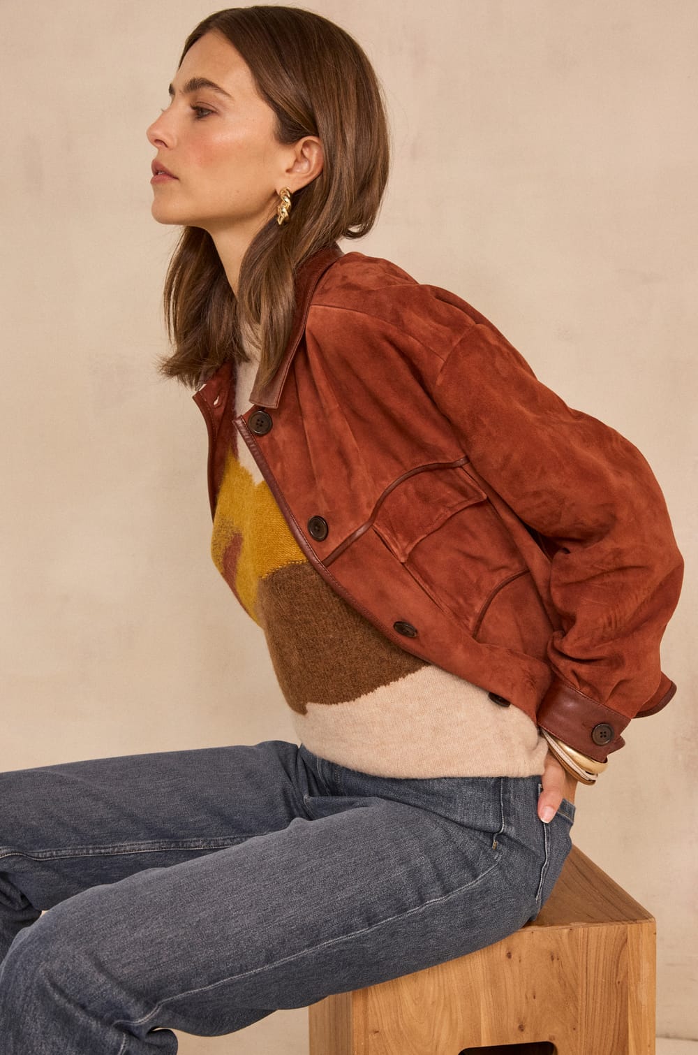 Brown suede leather jacket;${refinementColor}