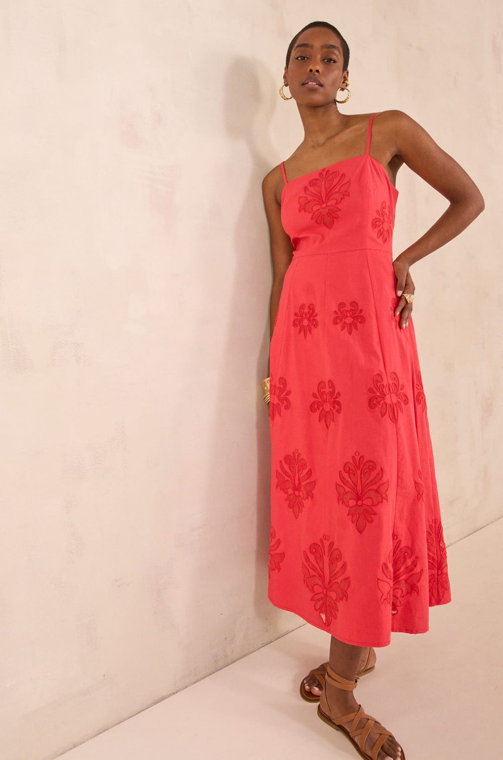 Embroidered cotton trapeze dress BRIELLE;${refinementColor}