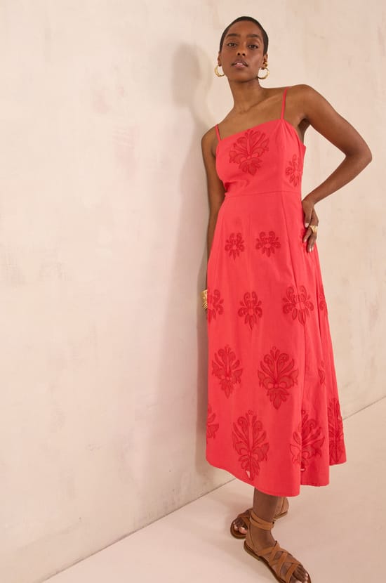 Embroidered cotton trapeze dress BRIELLE;${refinementColor}