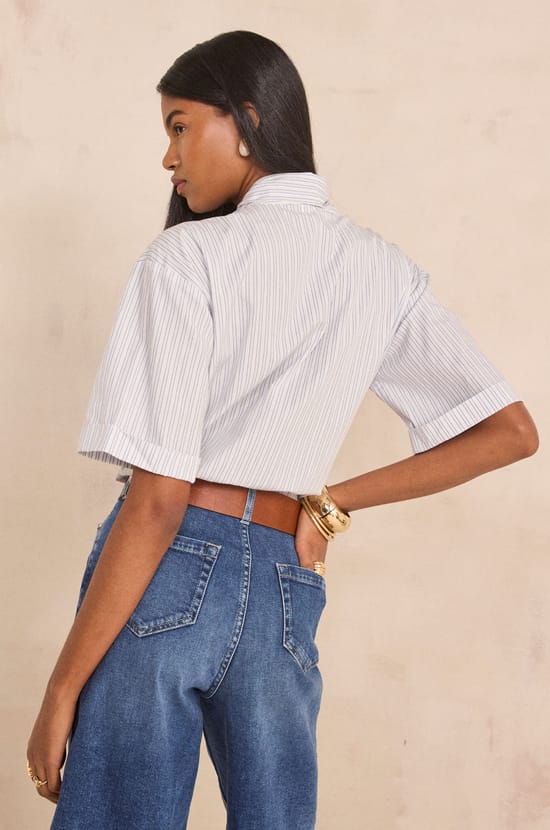 Short-sleeved cotton blouse with bow tie collar DARINE;${refinementColor}