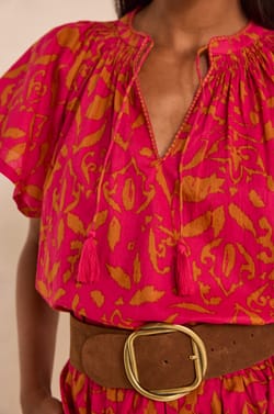 MIA short-sleeve cotton printed blouse;${refinementColor}
