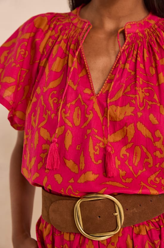 MIA short-sleeve cotton printed blouse;${refinementColor}
