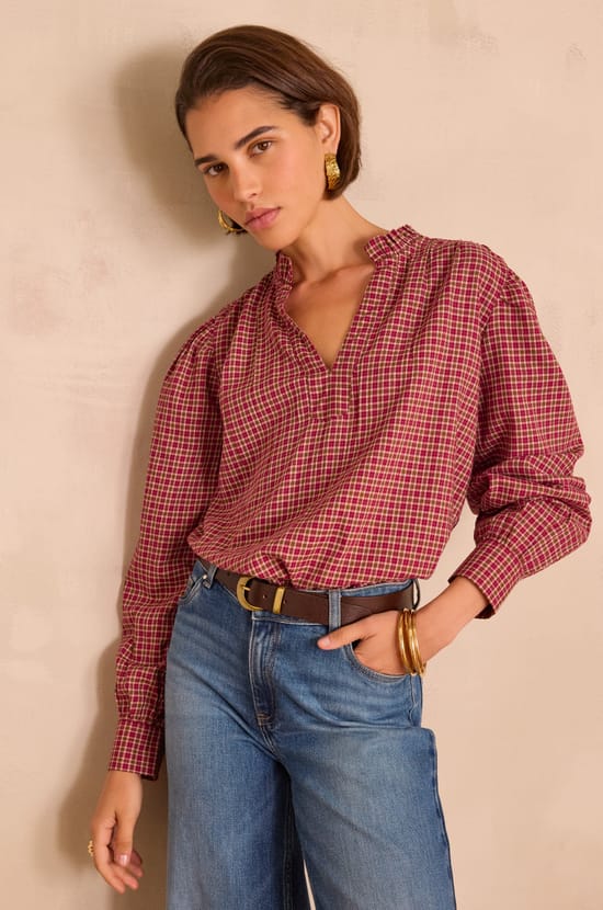 BETH checked cotton blouse;${refinementColor}