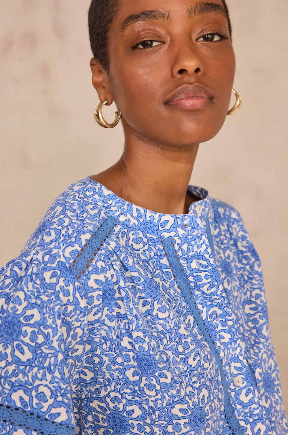 DOMY lace-print cotton blend blouse;${refinementColor}