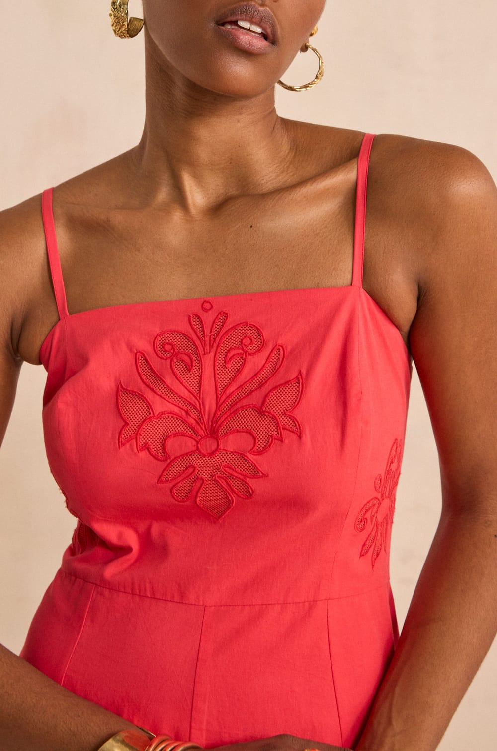 Embroidered cotton trapeze dress BRIELLE;${refinementColor}