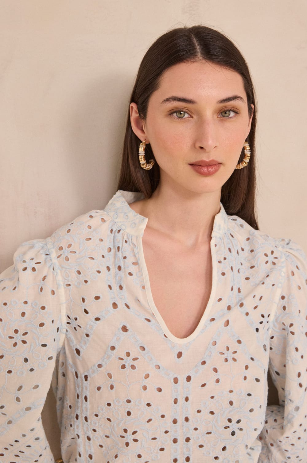 Embroidered wide sleeve cotton blouse DESILIA;${refinementColor}