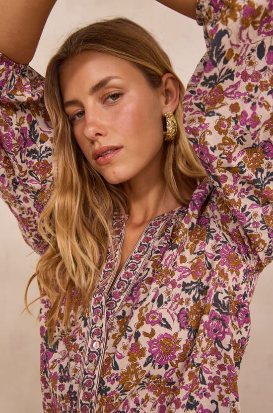 Bluse mit Blumenmuster aus 100% Baumwolle PRUNE;${refinementColor}