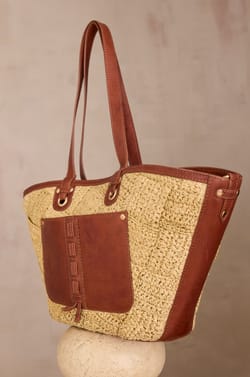 LUCIEN leather and raffia basket bag;${refinementColor}