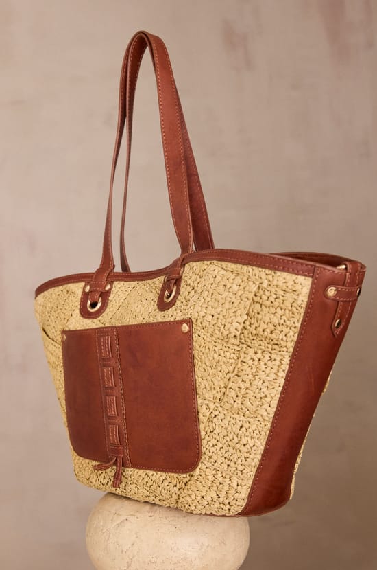 LUCIEN leather and raffia basket bag;${refinementColor}
