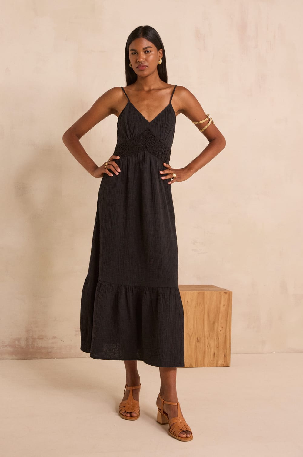 Flowy cotton strap dress PERRINE;${refinementColor}