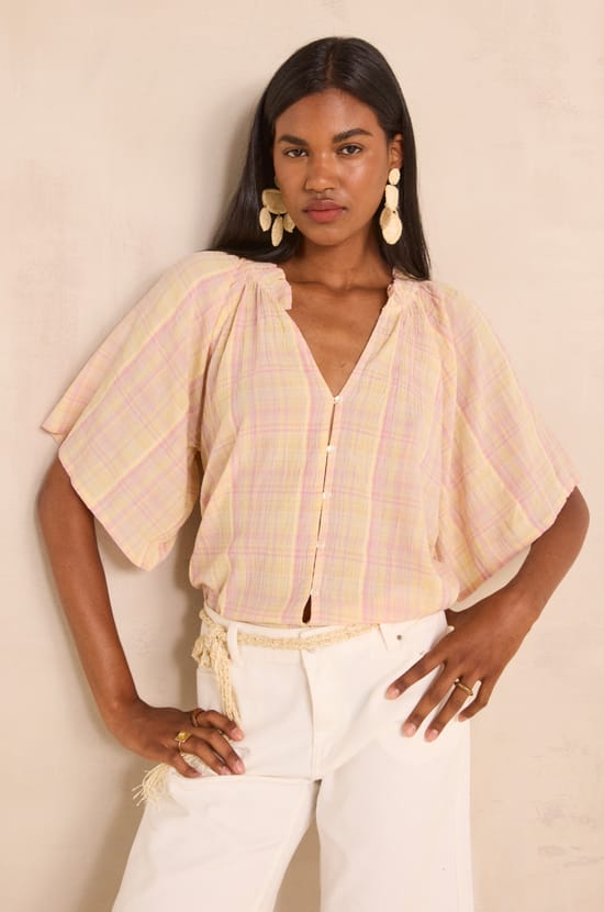 Blouse manches courtes &agrave; carreaux en coton MADDY;${refinementColor}