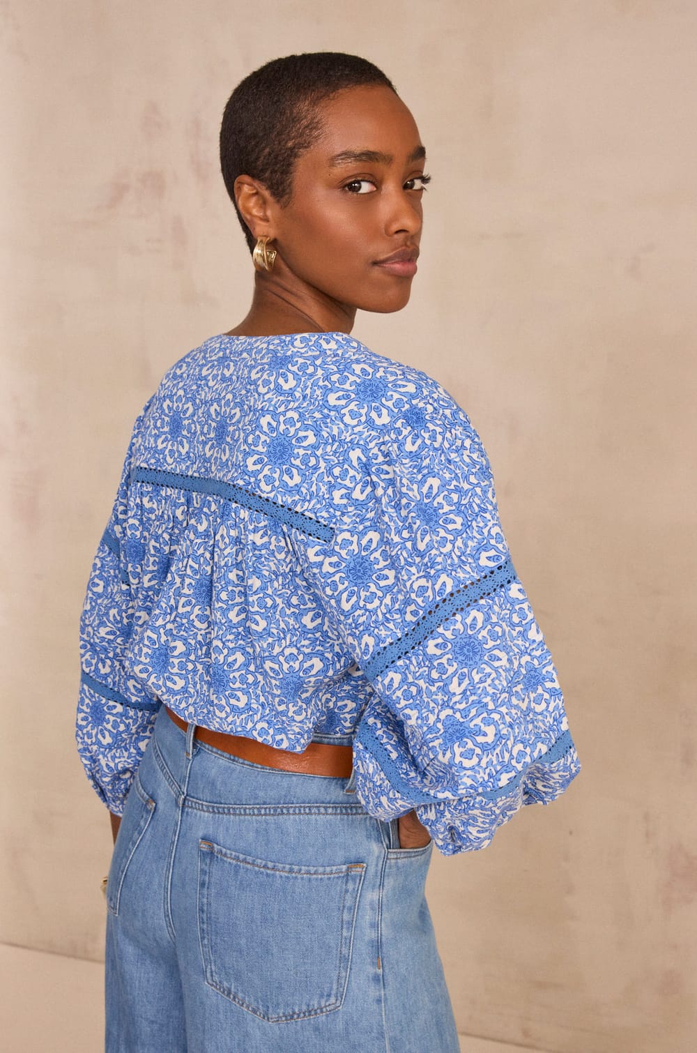 DOMY lace-print cotton blend blouse;${refinementColor}