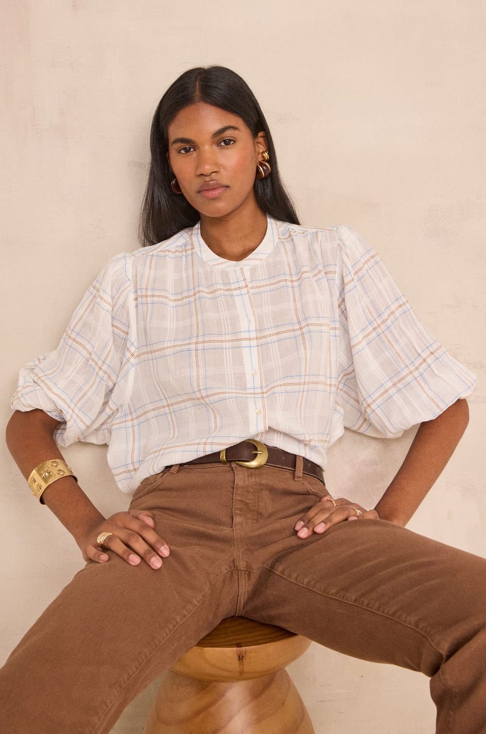Long-sleeved checked cotton blouse PHIL;${refinementColor}