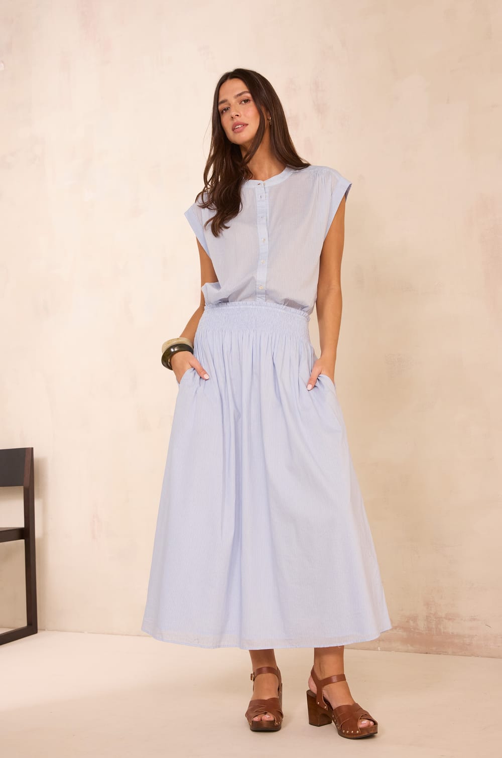 Striped cotton VOILE midi skirt;${refinementColor}