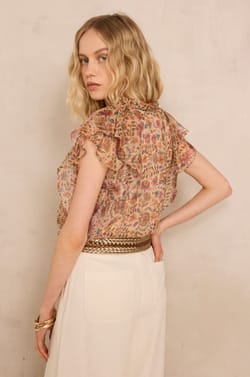 SCARLET sleeveless ruffled printed top;${refinementColor}