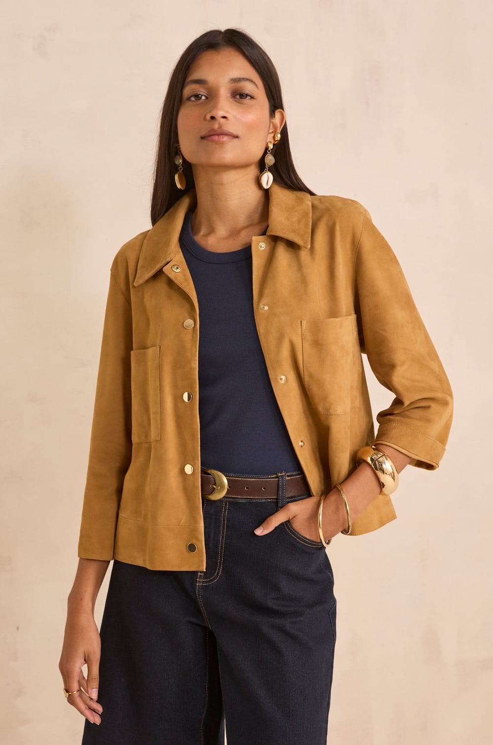 CLARA 3/4 sleeve leather shirt;${refinementColor}