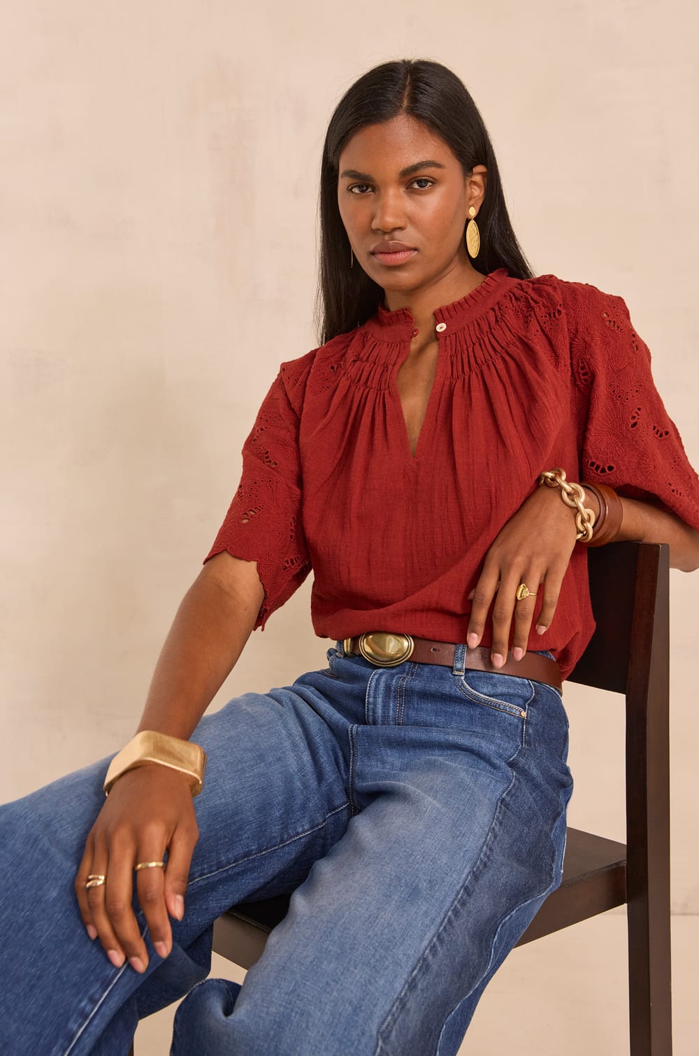 Embroidered 3/4 Sleeve Cotton Blouse MASHA;${refinementColor}