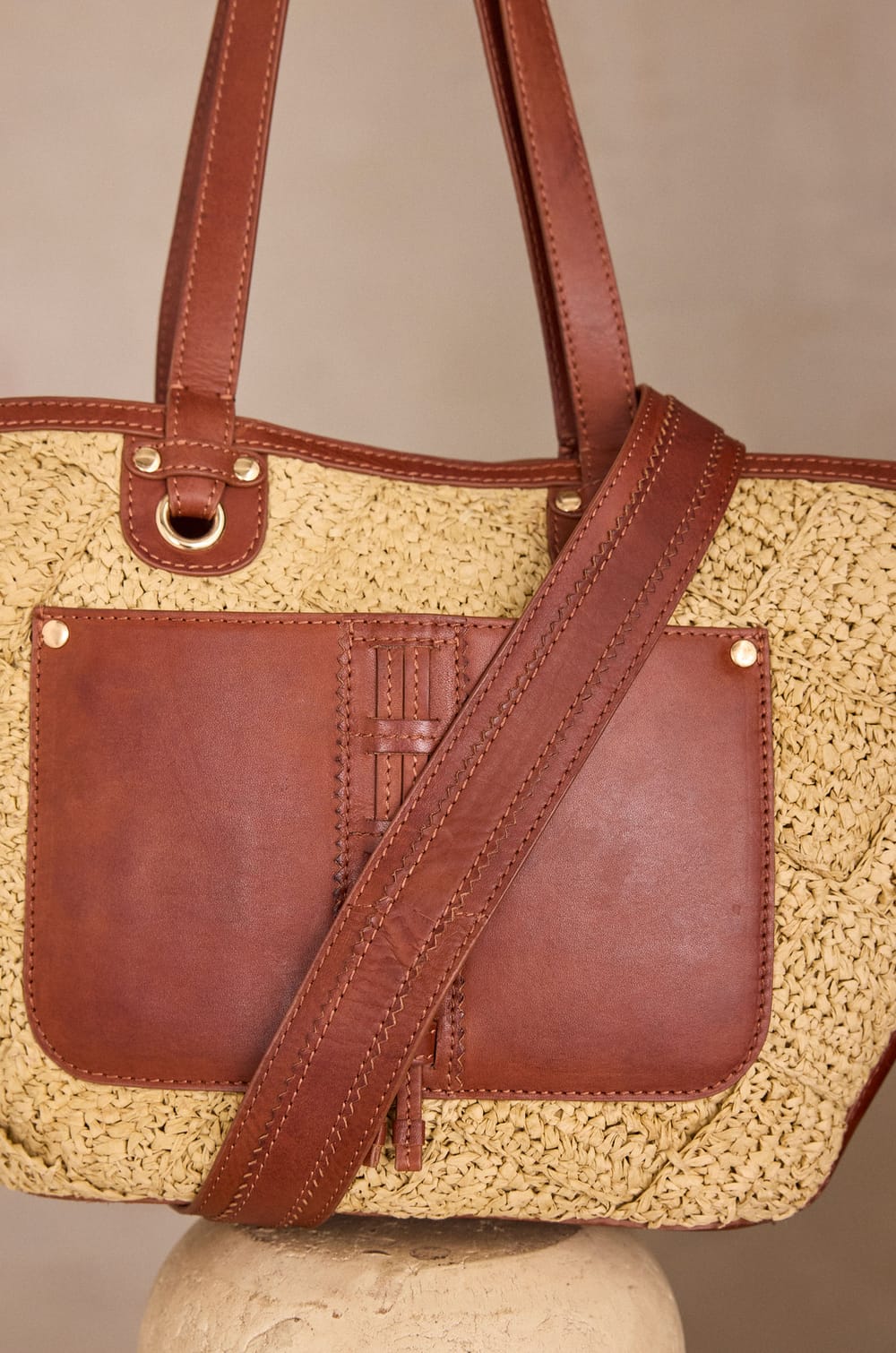 LUCIEN leather and raffia basket bag;${refinementColor}