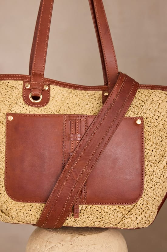 LUCIEN leather and raffia basket bag;${refinementColor}