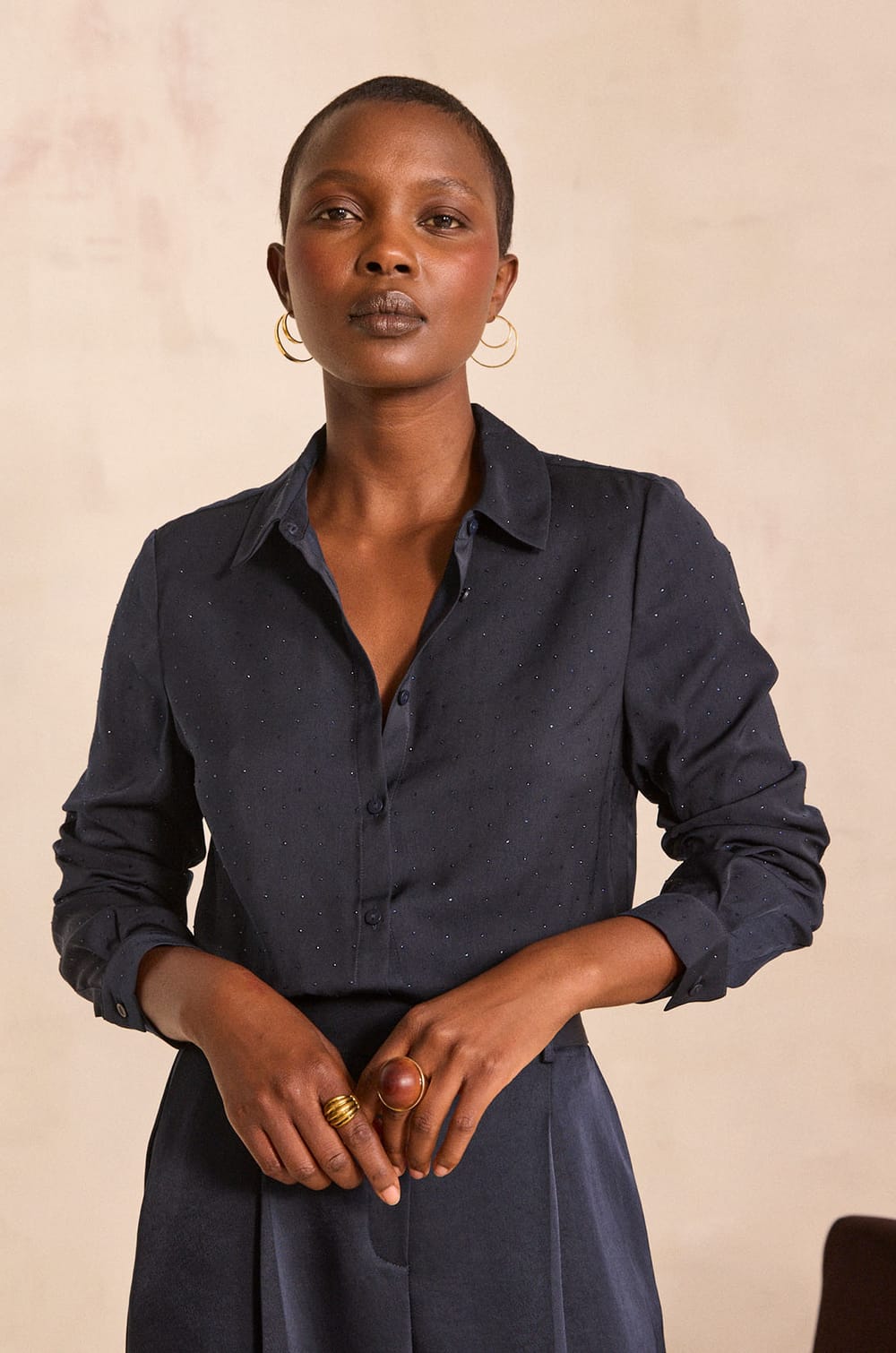 CARLA satin blouse with rhinestones;${refinementColor}