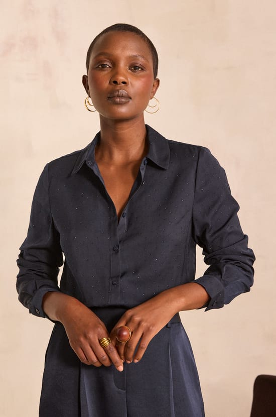 CARLA satin blouse with rhinestones;${refinementColor}