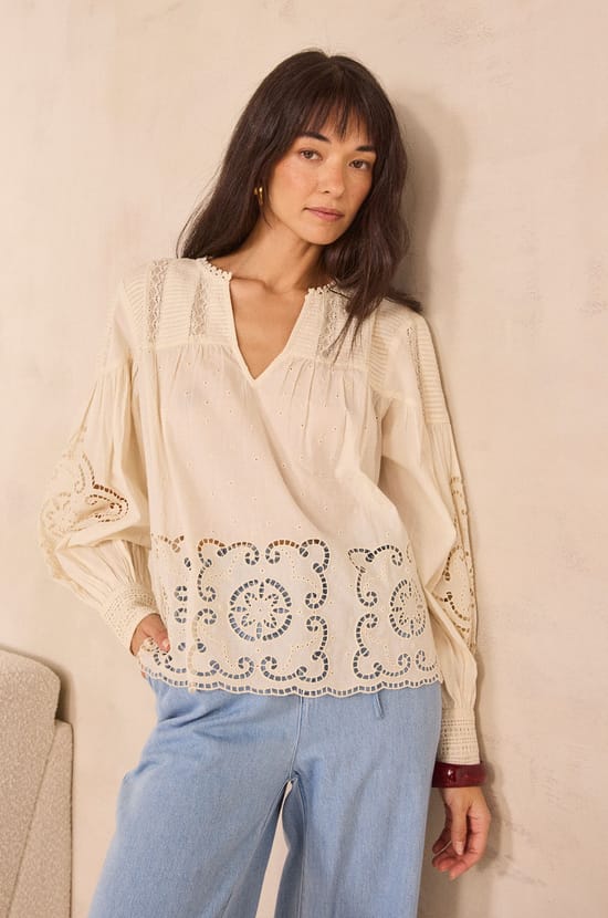 Embroidered cream cotton blouse MADELEINE;${refinementColor}