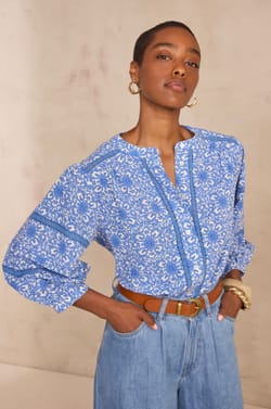 DOMY lace-print cotton blend blouse;${refinementColor}