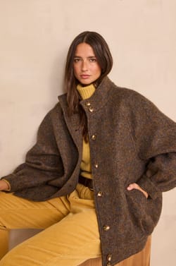 Khaki coat made of wool and silk blend CAMILLE;${refinementColor}