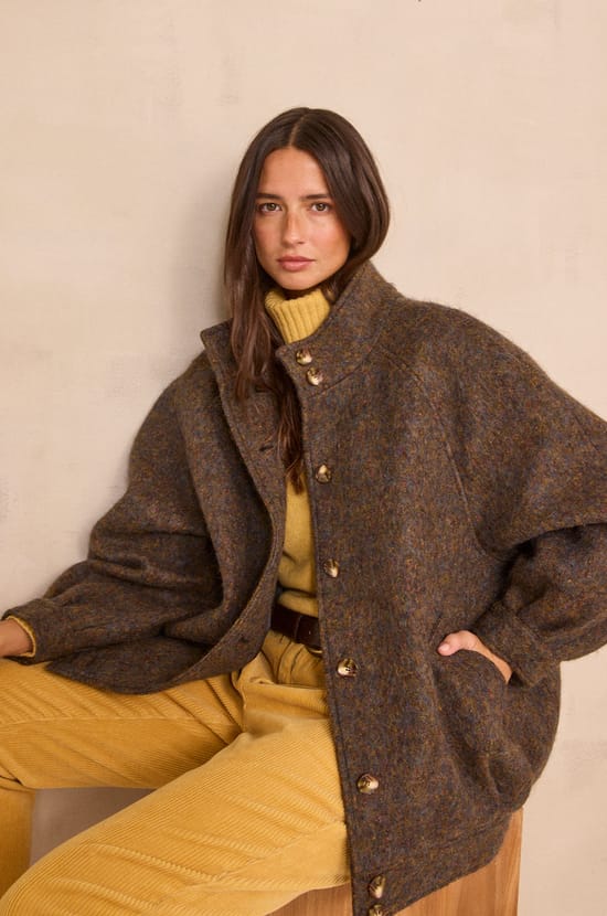 Khaki coat made of wool and silk blend CAMILLE;${refinementColor}