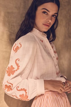 Embroidered long-sleeve cotton blouse DANTESSE;${refinementColor}