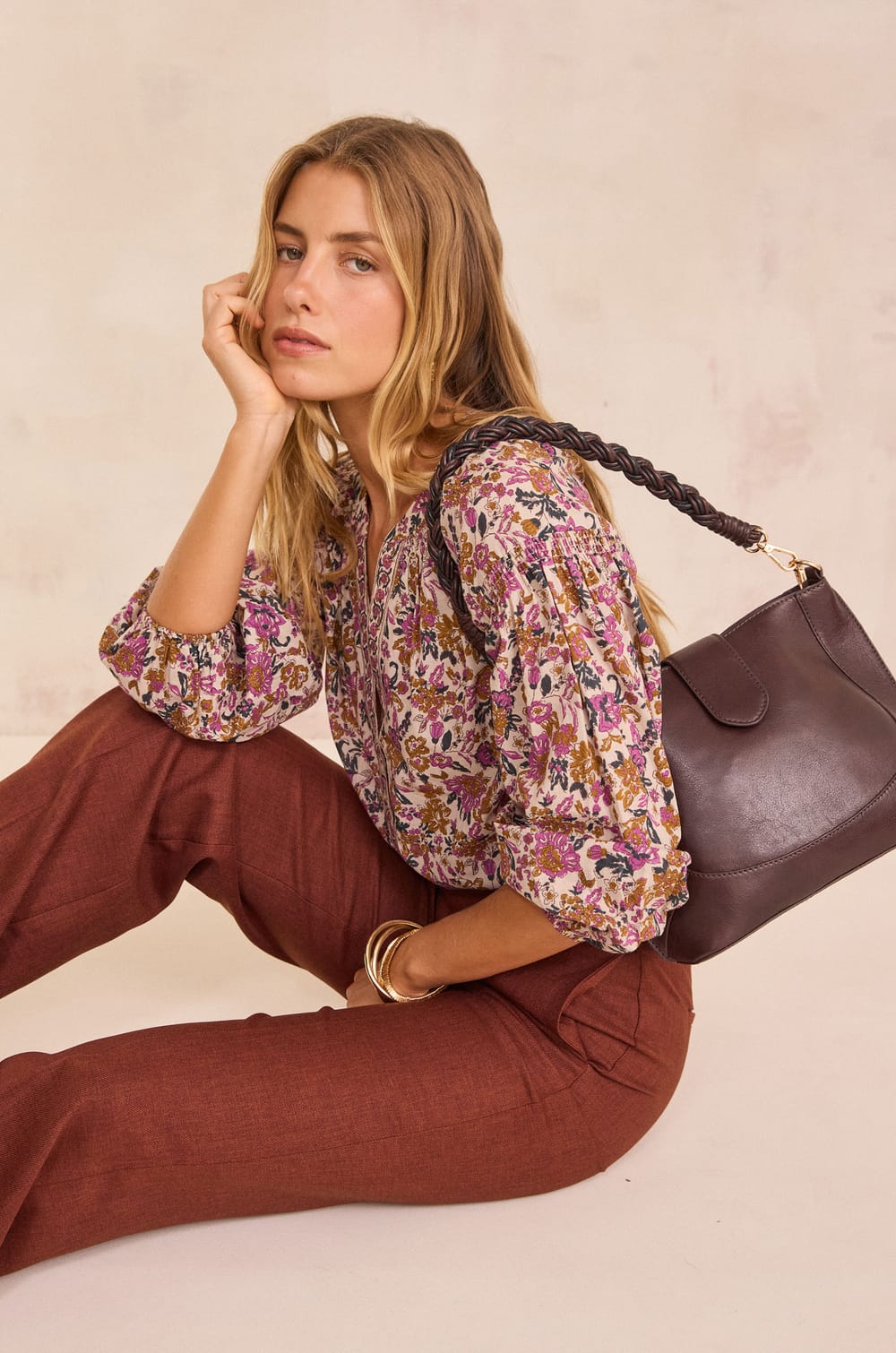 Floral print blouse in 100% cotton PRUNE;${refinementColor}