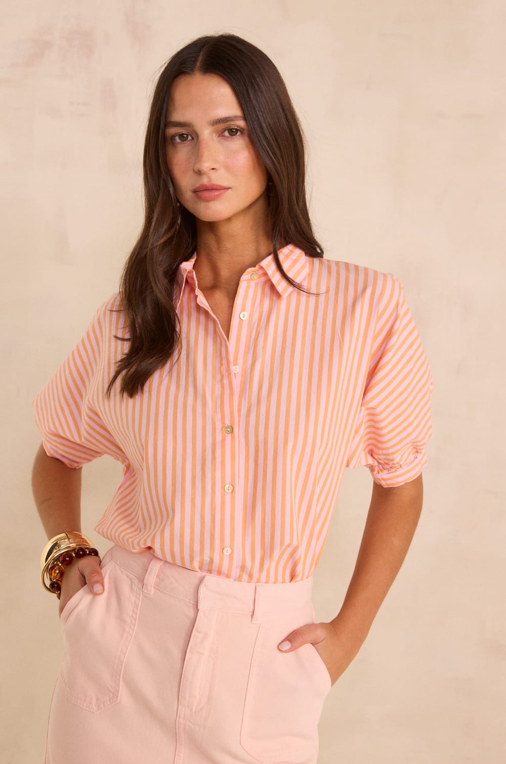 Striped 3/4 sleeve cotton shirt DOMENICO;${refinementColor}