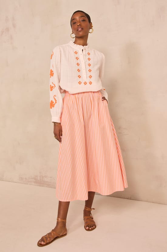 Cotton striped flowy midi skirt BRUNE;${refinementColor}