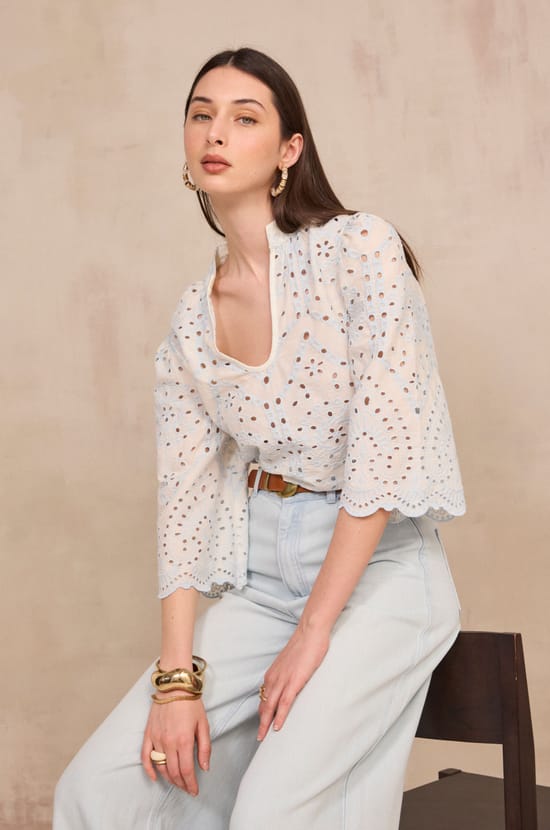 Embroidered wide sleeve cotton blouse DESILIA;${refinementColor}