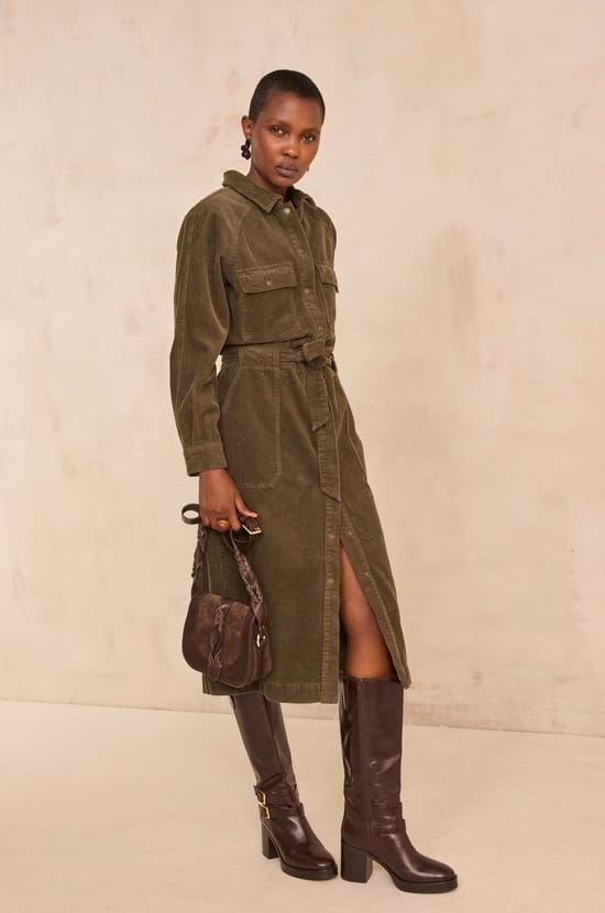 Robe droite kaki en velours de coton BETANIE;${refinementColor}
