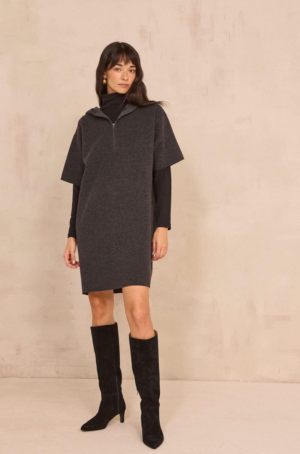 Charcoal gray blended wool dress PENSEE;${refinementColor}