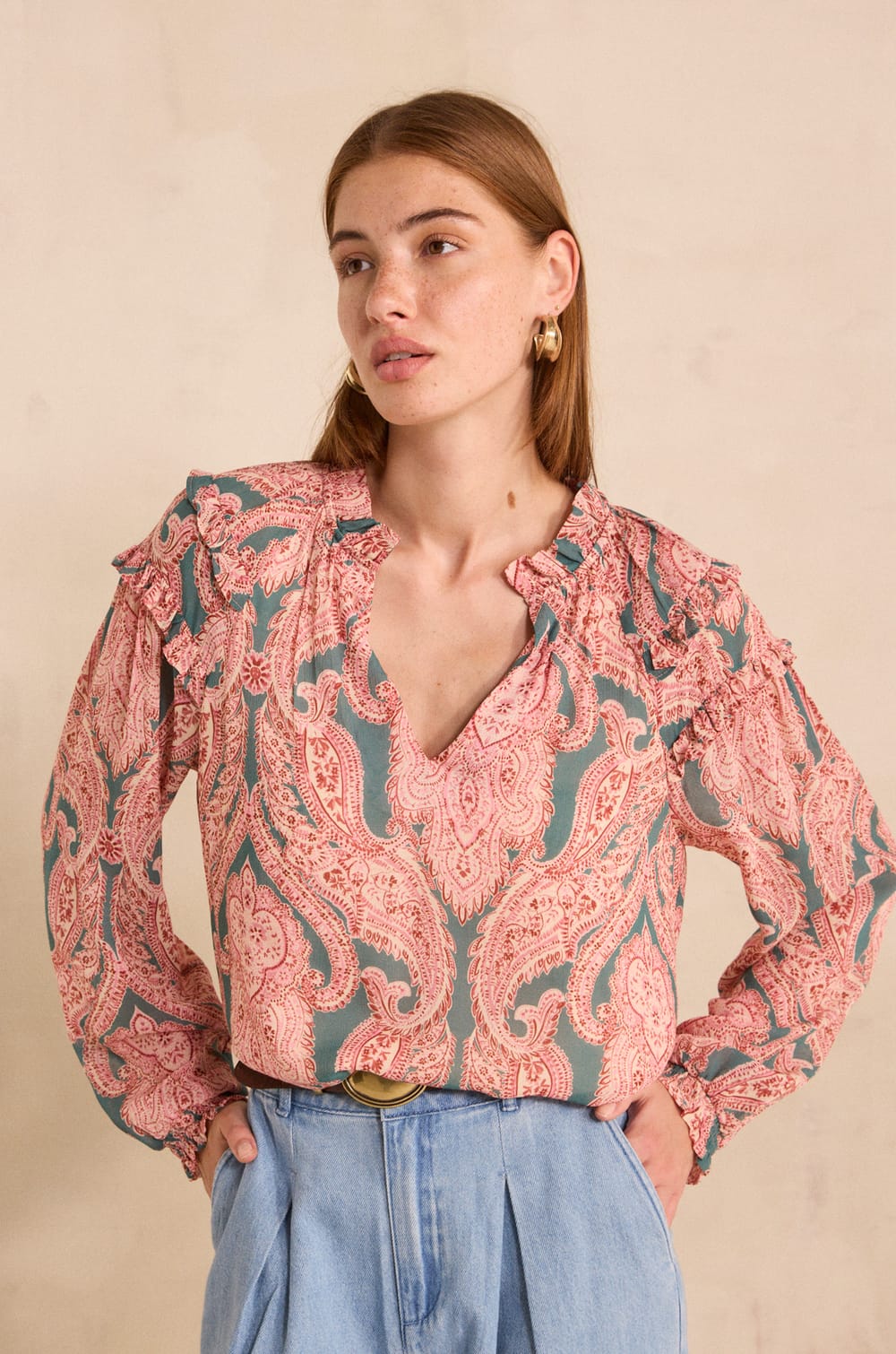 MALOE printed long sleeve blouse;${refinementColor}