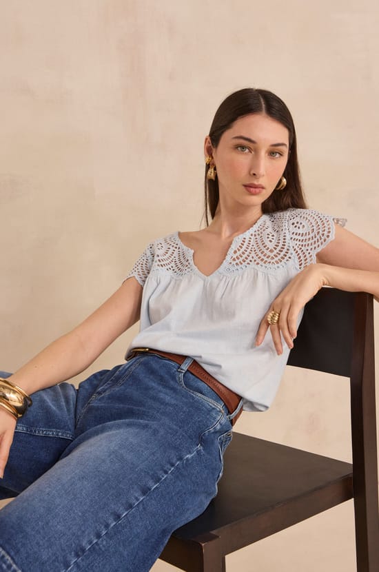 Embroidered short-sleeve cotton top LILOU;${refinementColor}