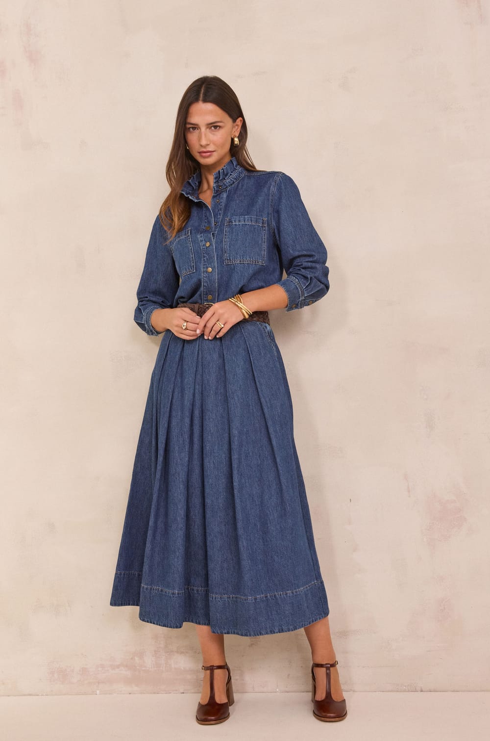 Midi rok in denim met plooien OXANE;${refinementColor}