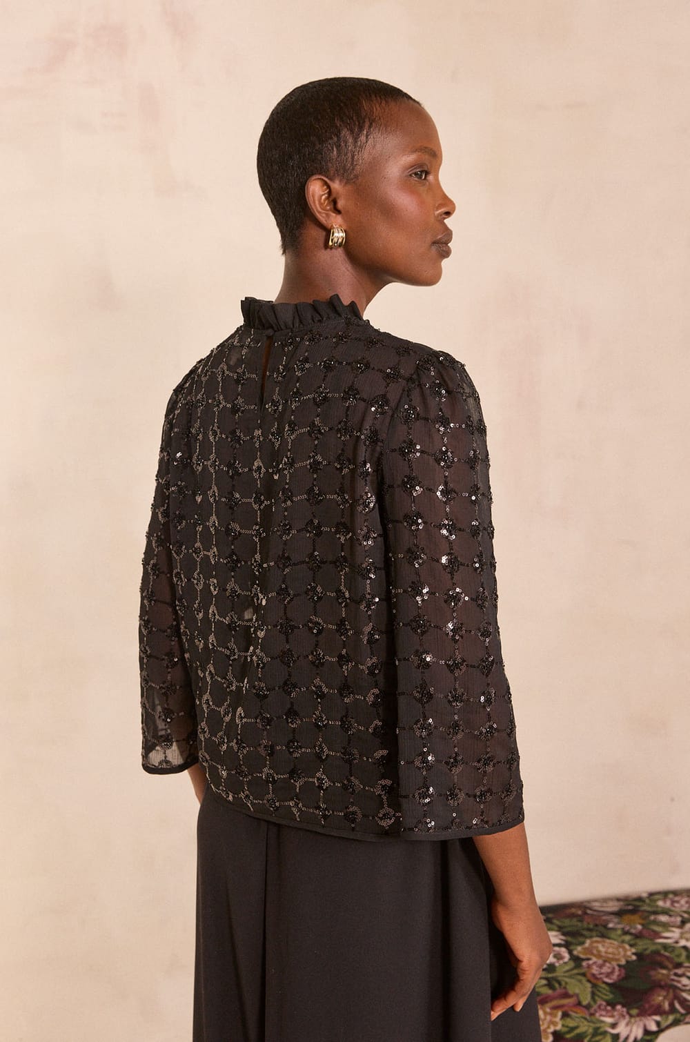 Sequin Embroidered Blouse MOKA;${refinementColor}