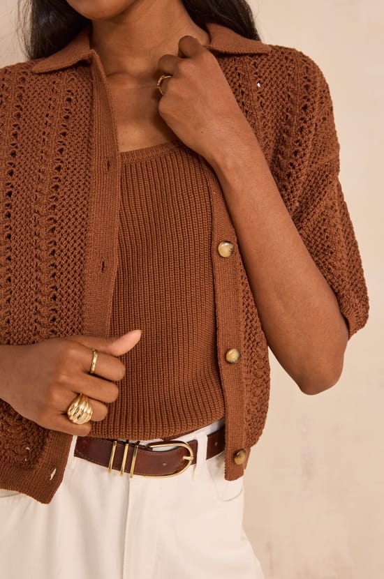 Short-sleeve knitted cotton blend sweater ADELE;${refinementColor}