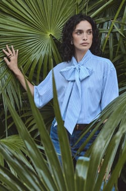Short-sleeved cotton blouse with bow tie collar DARINE;${refinementColor}