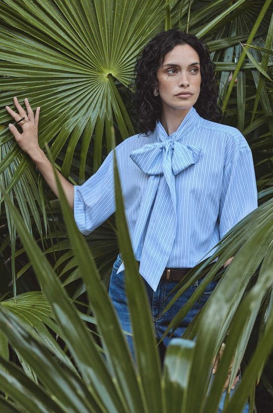 Short-sleeved cotton blouse with bow tie collar DARINE;${refinementColor}